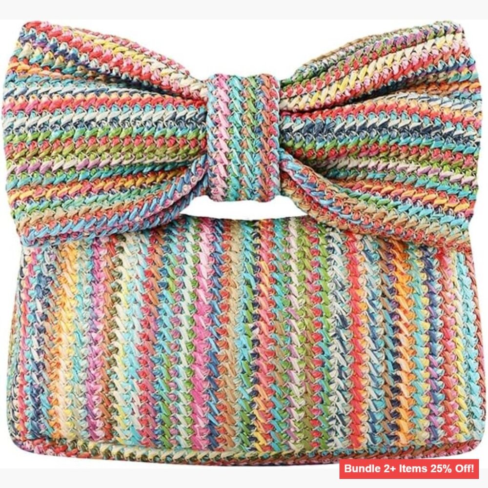 Woven Straw Clutch Bag with Bow Detail, Zipper Closure, Adjustable Strap